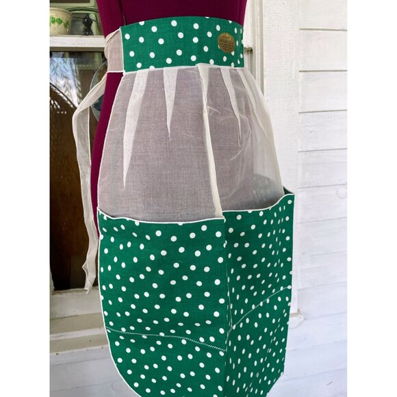 Vintage 1950s Half Apron Organdy Linen Gree Polka dot Original tags - Picture 5 of 11